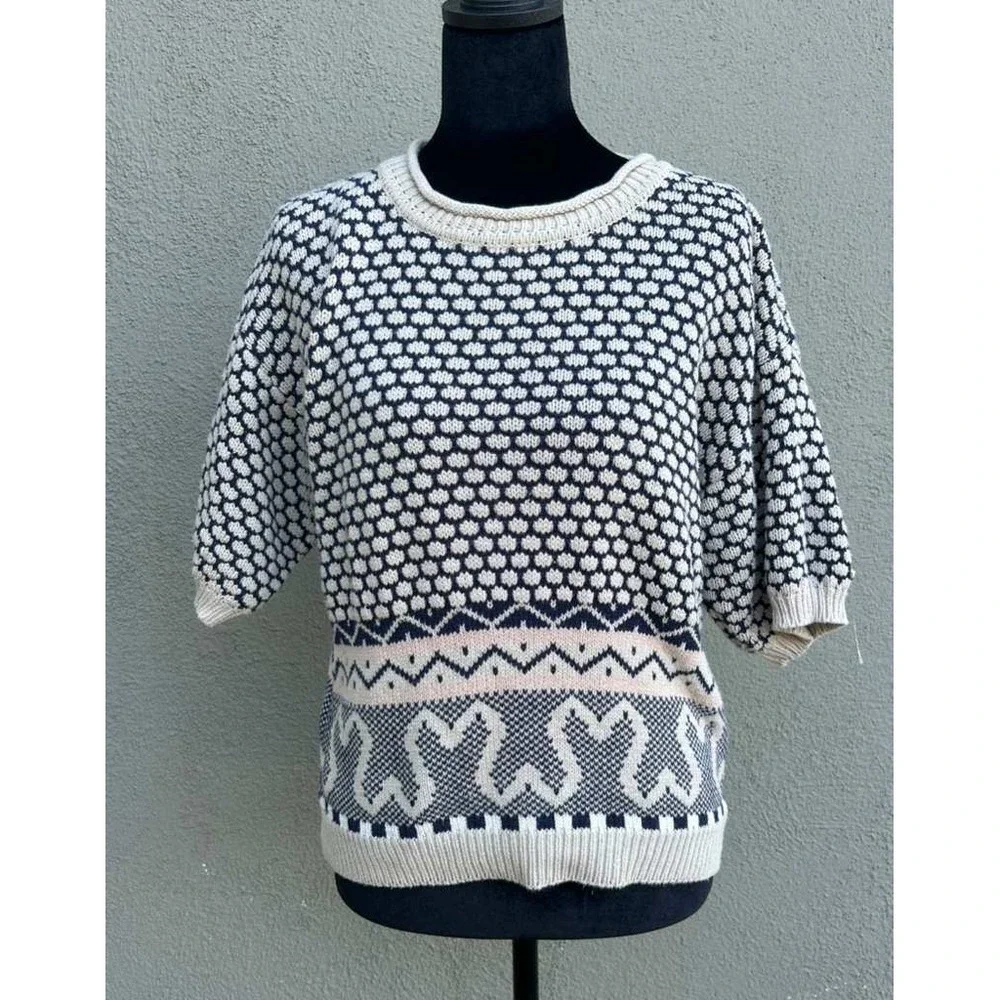 Jeanne Pierre Womens Short Sleeve Knit‎ Sweater Navy Cream Fair Isle Geometric L